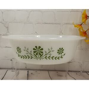 Glasbake 2 Quart Casserole Dish J514 White Green Crazy Daisy Gremlin Vintage